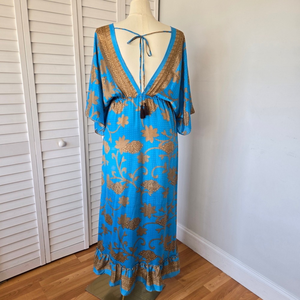 Luz Blue Tan Silk Boho Maxi Kaftan Dress OS Deep V-neck Indie Resort Luxe Hippie - Picture 5 of 9